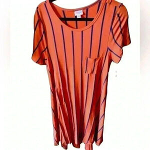 Lularoe medium deep orange Carly dress with dark‎ navy stripes.NWT
